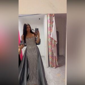 Elegant Silver Gray Prom Evening V Neck Dress with Skirt